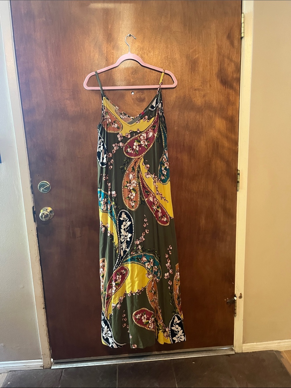 Vince Camuto Olive Green Paisley And Floral Maxi Slip Dress